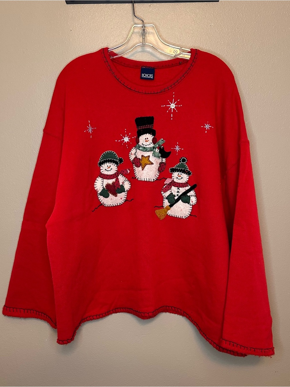 Vintage Hand Stitched Holiday Snowman Sweatshirt - Red